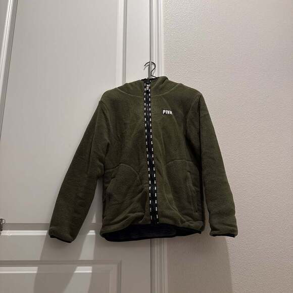 Victoria's Secret PINK Reversible Cozy Full Zip Sherpa Jacket Hoodie Olive Green - Picture 2 of 4